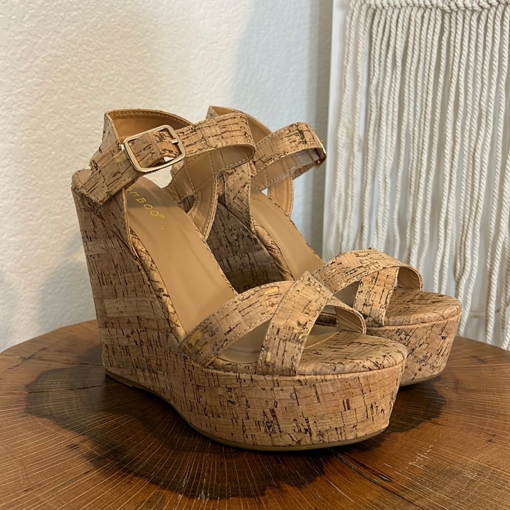 Cork Platform Wedge Sandals - Natural Tan